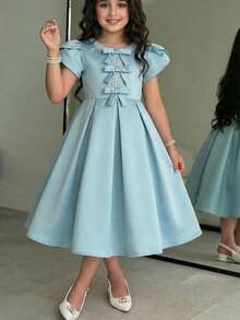 SHEIN Dusty Pink Girls Everyday Casual Dress Round Neck Puff Short Sleeve Zipper Midi A Line For Church And Special Occasions Dusty Blue Dress Girls Blue Dresses For Girls Bow Deco Mint Dress - Dusty Pink - View 4