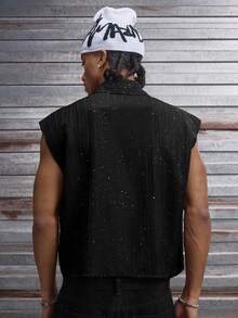 AXEPEAK Men's Rhinestone Embellished Single-Breasted Casual Shirt - Black - View 3