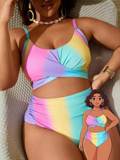 SHEIN Slayr CURVE Plus Size Ombre Criss-Cross Halter Bikini Set Summer