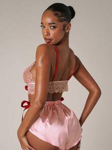 SHEIN BAE Lace Cami Top & Tie Side Shorts PJ Set - Baby Pink - View 2