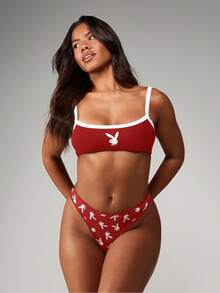 Missguided x Playboy Bunny Print High-Waisted Seamless Cheeky Thong Underwear With Contrast Trim For Spring Festival Occasions - Red - View 3