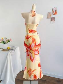 Soleia Women's Floral Print Lace Patchwork Halter Neck Backless Cami Top And Fish Tail Hem Skirt 2 Pieces Set, Vacation - Light Yellow - View 2