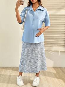 SHEIN 2pcs/Set Maternity Grey Sleeveless Dress + Blue Button Front Jacket, Casual Outfit - Blue - View 6