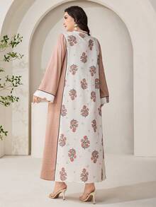 Al Najma Plus Size Women's Floral Patchwork Print Twist Keyhole Neck Ruffle Sleeve Loose Dress, Elegant Resort Style, Spring/Autumn - Multicolor - View 3