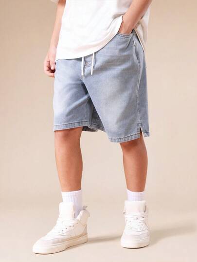  SUMWON Boys Denim Shorts With Split Hem Detail Elastic Waistband Light Wash Summer Casual Weekend Comfortable Cotton Blend Drawstring Closure Tween Youth Vacation