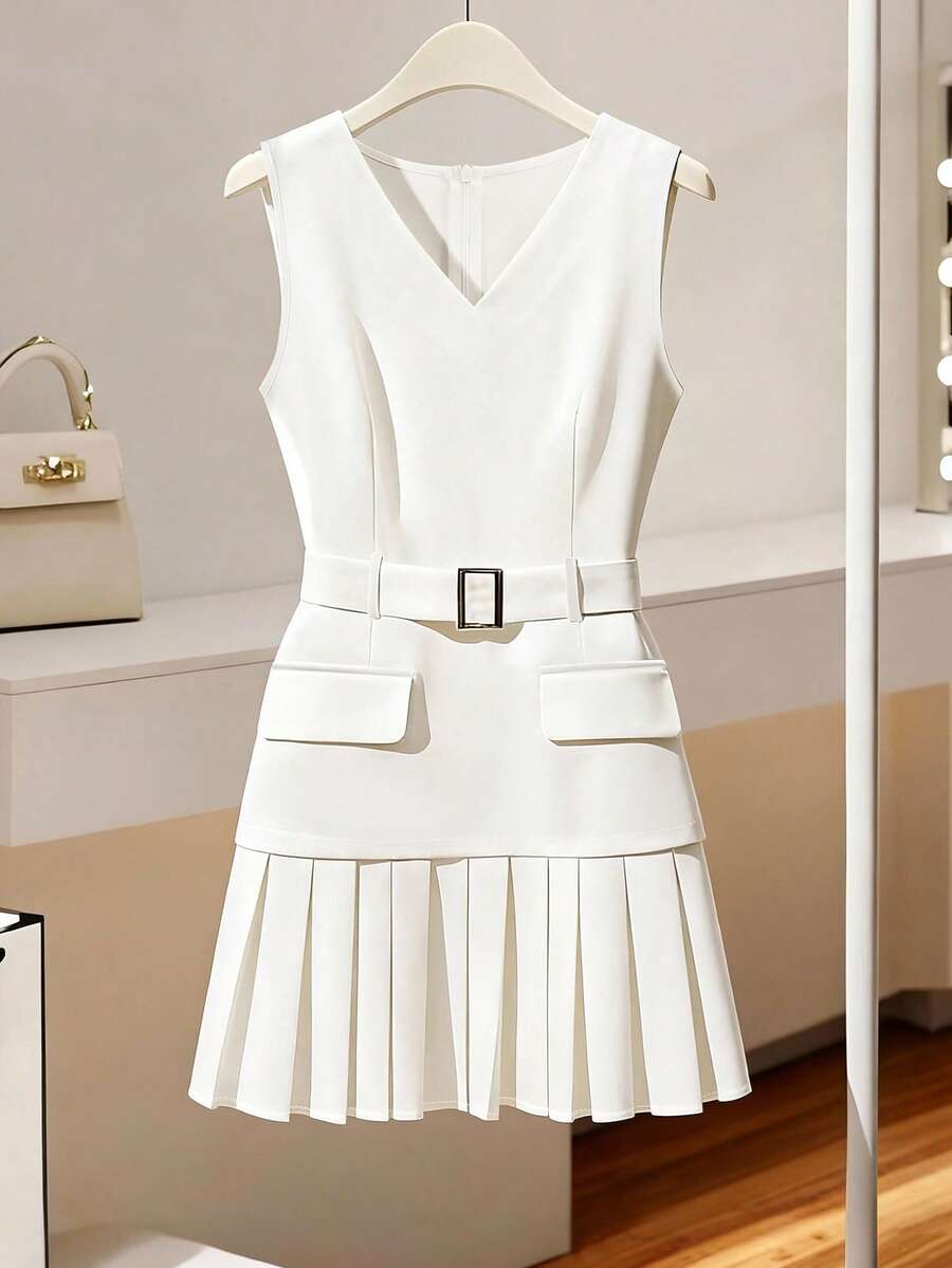 Lyxana Women's Elegant Pleated Midi Skirt With Belt - White - View 1