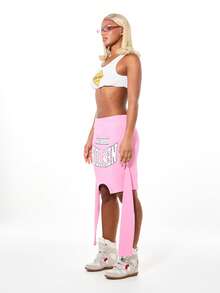 SUMWON WOMEN Asymmetric High Low New York Graphic Slogan Mini Skirt With Side Drape Detail - Pink - View 6