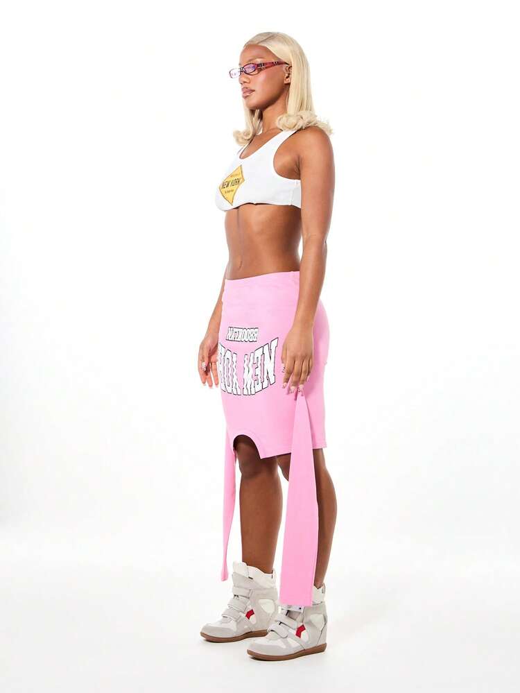 SUMWON Asymmetric High Low New York Graphic Slogan Mini Skirt With Side Drape Detail