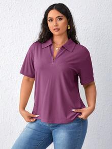 SHEIN Essnce 大码女式纯色 Polo 领拉链短袖休闲 T 恤 - 紫色 - 查看 4