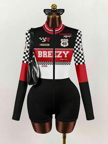 SHEIN ICON 女士休闲运动摩托车赛车格纹撞色数字字母印花紧身裤，适合春夏穿着。 - 彩色 - 查看 8