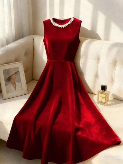 GlowEve CURVE Plus Size Faux Pearl Decor Elegant Sleeveless Round Neck Dress