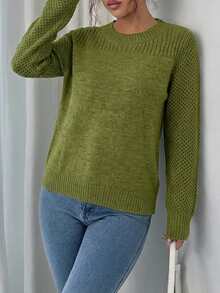 EURMUSE 女士休闲纯色圆领长袖毛衣，秋冬 - 橄欖綠 - 查看 5