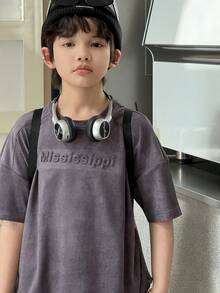 Dazy Kids 男童圆领字母压纹休闲百搭日常短袖T恤 夏季 - 深灰色 - 查看 2