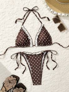 Swim Mod New Polka Dot Print Ruffled Tie Side High Cut Romantic Beach Vacation Women Bikini Swimsuit Set, Spring/Summer - Multicolor - View 2