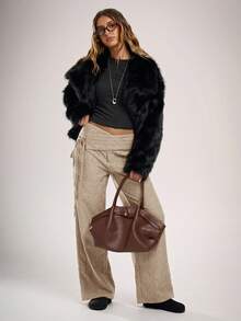 Avantive 女士纯色交叉腰带休闲直筒裤 - 杏色 - 查看 7