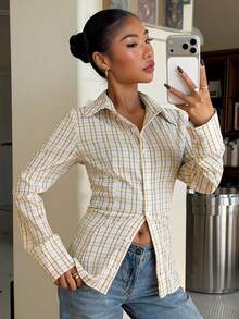Muchica Women's Plaid Cinched Waist Slim Fit Long Sleeve Shirt  For Going Out Outfits, Back To School,Streetwear, Y2K Clothes - Multicolor - View 2