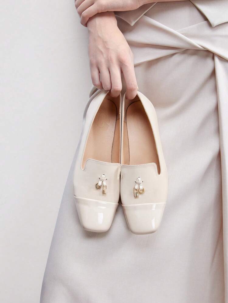 CUCCOO BIZCHIC Women Shoes Women's Fashion Square Toe Low Coarse Heel Light Apricot Basic Simple Commuter Versatile Women's Flat Shoes Women's Shoes Spring Shoes