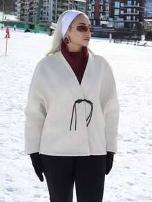 salliqueen Women's Elegant Minimalist Commuting Daily New Fashion V-Neck Contrast Color Button Batwing Sleeve Silhouette Khaki Overcoat, Fall Winter Clothes For Women Women's Winter Coat Women's Winter Jacket - Khaki - View 5