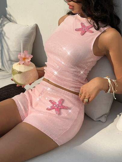 Aloruh Women's Solid Color Pink Starfish Transparent Sequin Super Short Shorts, Sexy Beach Holiday Shorts Bling Shorts Star Shorts