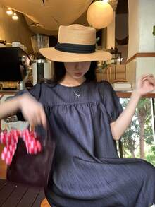 女士休闲宽松长连衣裙，圆领，短泡泡袖，荷叶边下摆 - 藍色 - 查看 6