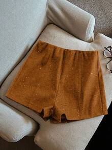 SHEIN Pantalones cortos elegantes y de moda de mezcla de lana brillante para mujeres - Óxido marrón - Ver 3