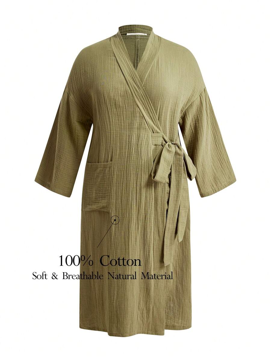 Ocili Soft Double-Layer Cotton Seersucker Tie-Front Plus Size Robe - Dark Green - View 1