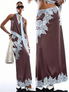 LYSMO Chân váy nữ dáng suông cạp thấp phối ren tương phản phong cách vintage, thích hợp mặc hàng ngày. - Cà phê nâu - Xem 9