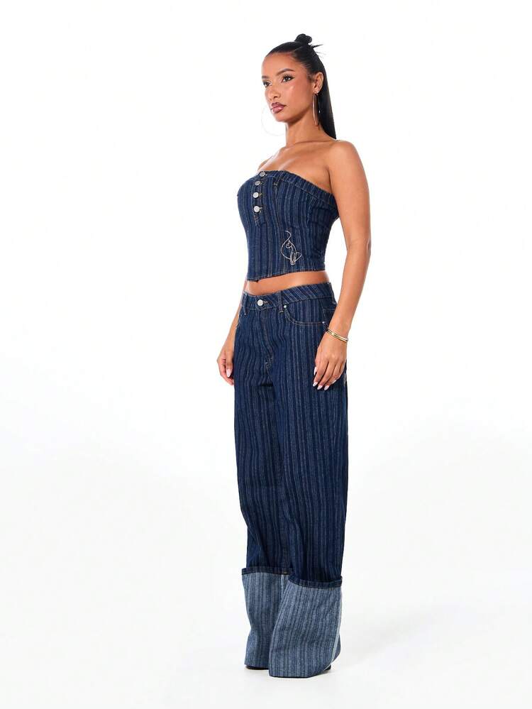 BABYPHAT Vintage Pinstripe Denim Strapless Bandeau Tube Top With Button Front Detail For Spring Summer Casual Daily Wear