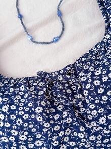 Tween Girls Navy Floral Bow Collar Fitted Puff Sleeve Mini Dress, Party, Vacation, Coastal Chic Outfit Daisy Dress Blue Flower Dress Aesthetic Dresses For Summer Girls Short Sleeve Dress Puff Sleeve Dress - Navy Blue - View 5