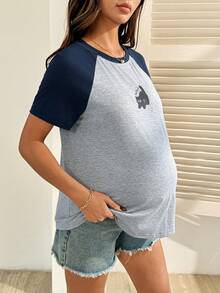 SHEIN 孕妇字母和卡通猫印花撞色插肩短袖休闲T恤 - 彩色 - 查看 4