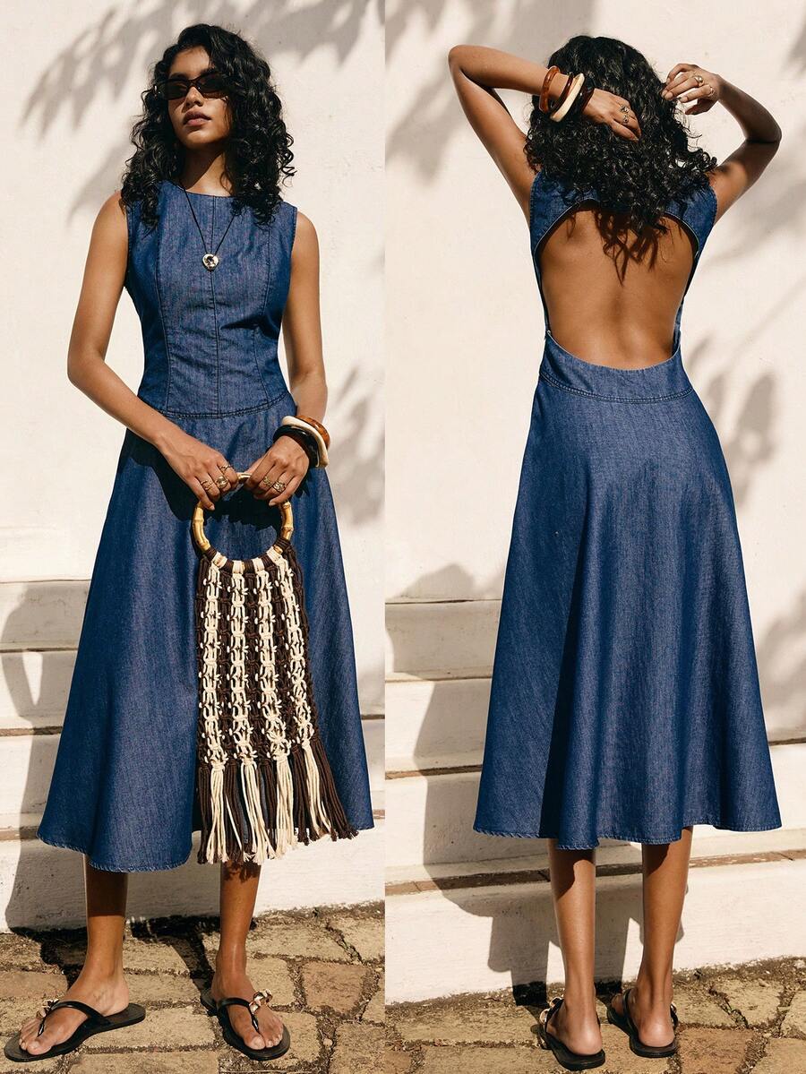 Poéselle 女士休闲无袖露背牛仔连衣裙 - 藍色 - 查看 1