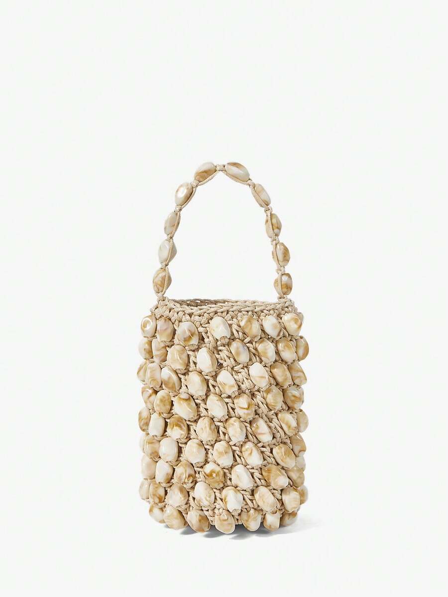 Maija 女士手提包，亚克力串珠钩编包，水桶包，时尚，优雅，简约，个性化，百搭，适合海滩、度假、假日、夏季、海边、沙滩派对 - 米色 - 查看 1