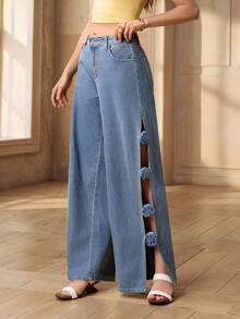 Selenza 女士休闲时尚性感度假风3D花卉镂空宽松阔腿牛仔裤 - 藍色 - 查看 5