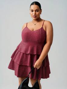 Hourglow Đầm hai dây dáng rộng cho nữ, chất liệu bóng, viền bèo nhún, phù hợp với dáng người đồng hồ cát và dáng người tròn trịa. - Màu Đỏ Sâu - Xem 6