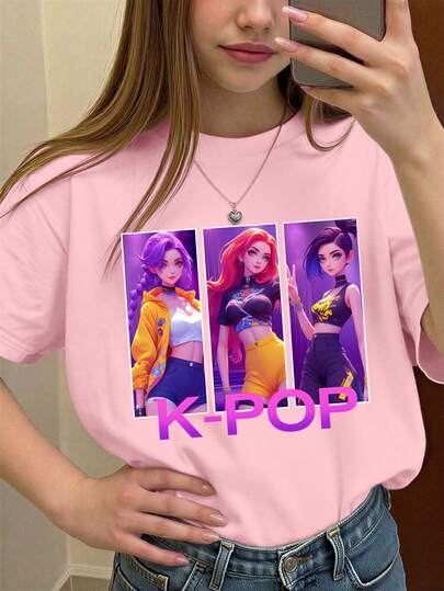 SHEIN GraphicGems Tween Girl Pink Round Neck Short Sleeve Graphic Tee, Casual Comfortable Fashion Minimalist Cartoon Creative Funny Graphic Tee, K-POP Style