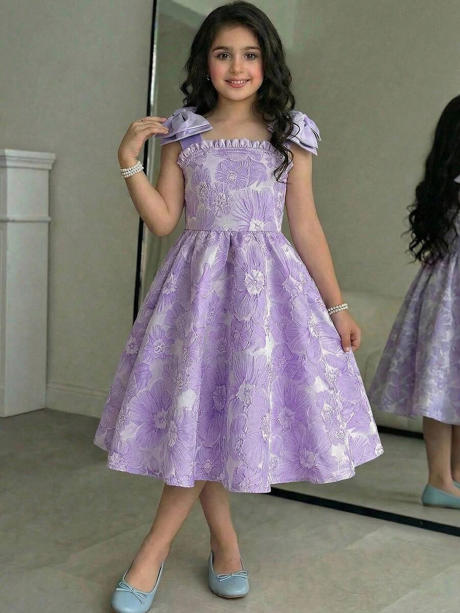 SHEIN 少女优雅撞色蝴蝶结装饰连衣裙 - 淡紫色 - 查看 1