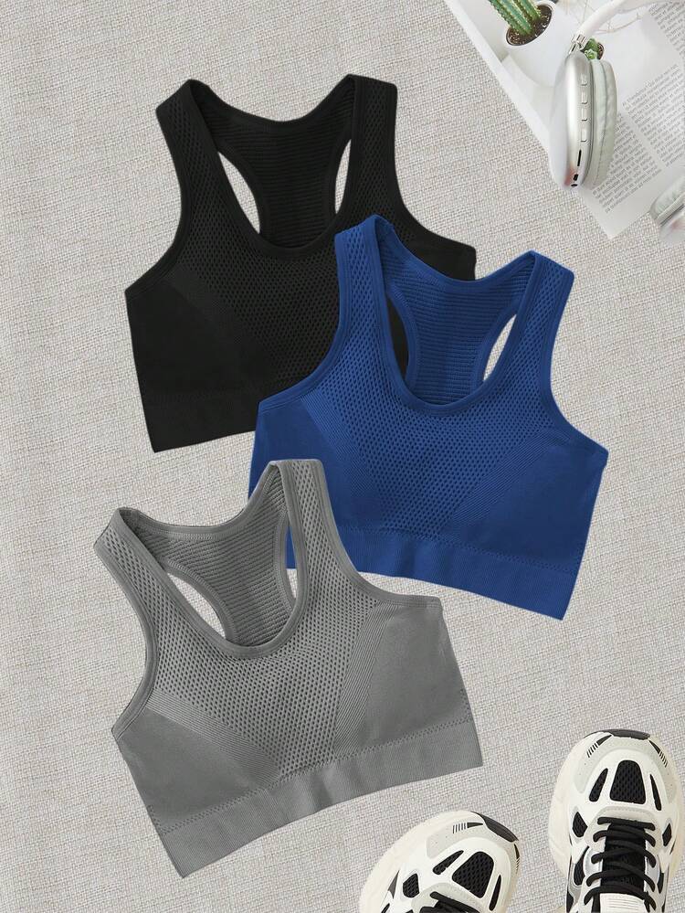 Velisys 3pcs/Set Seamless Scoop Neck Sports Bras, Solid Color, Summer - Multicolor - View 1