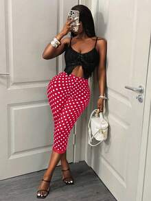 BamGleam Women's Polka Dot Print High Waist Skinny 7/8 Length Leggings  Vacation Boho Sexy Plain Plaid Striped Casual - Red - View 1