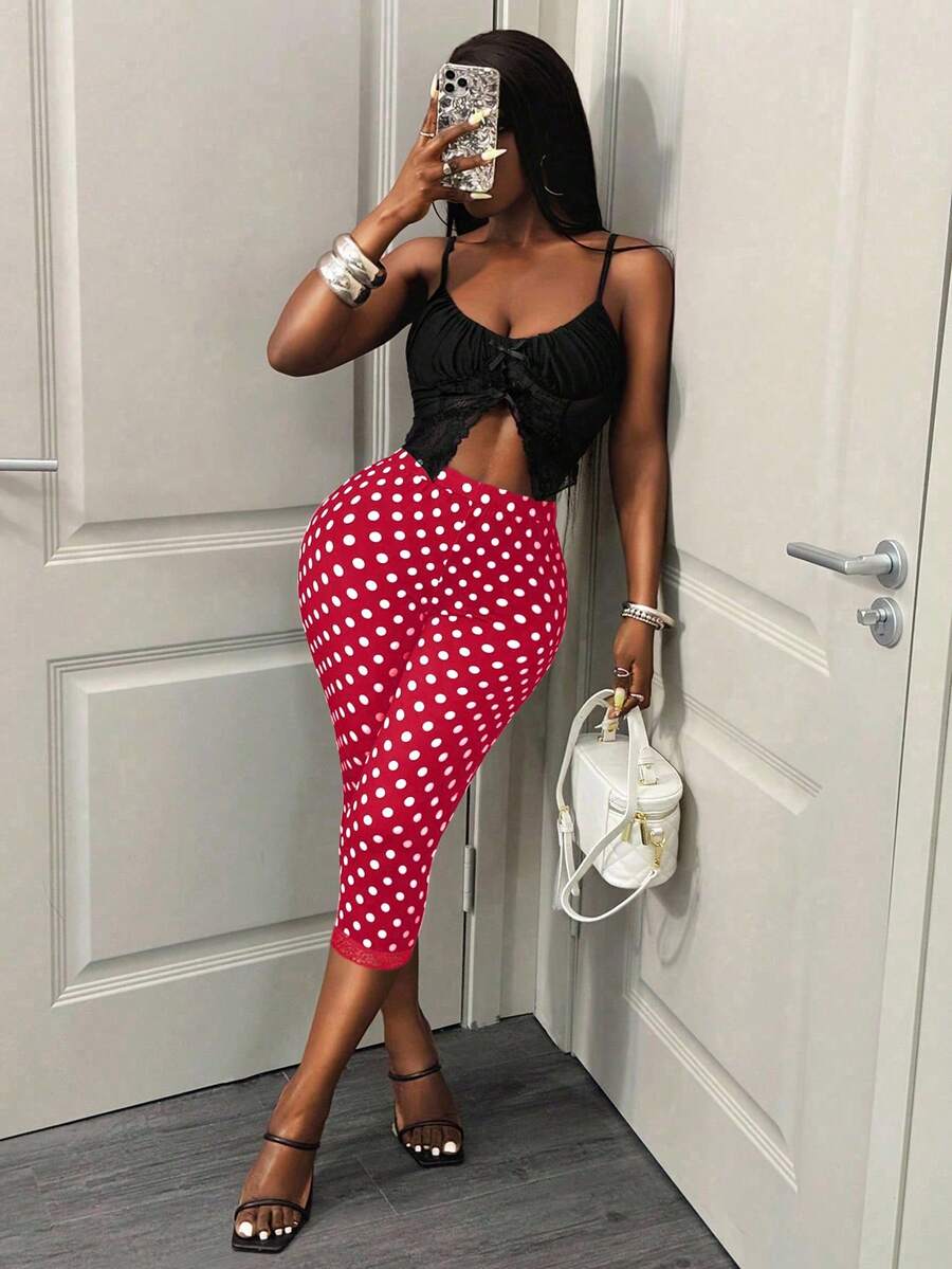 BamGleam Women's Polka Dot Print High Waist Skinny 7/8 Length Leggings  Vacation Boho Sexy Plain Plaid Striped Casual - Red - View 1
