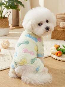 PETSIN 1pc Pet Dog/Cat Apricot Fleece Warm Jumpsuit With Bow & Graphic Print, Flannel Fabric - Multicolor - View 1