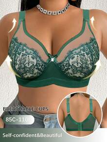 DesireSculpt 1pc Plus Size Lace Patchwork Wireless Bra - Green - View 1