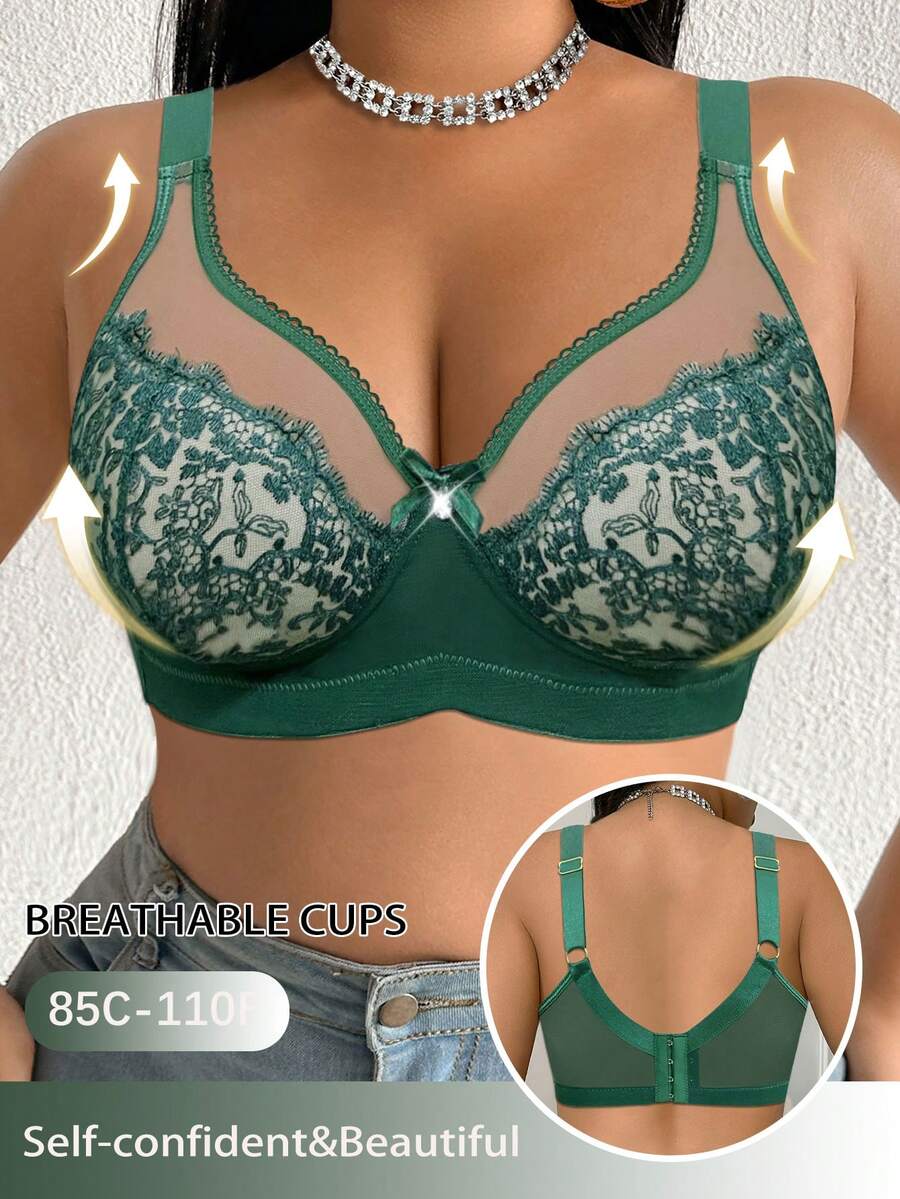 DesireSculpt 1pc Plus Size Lace Patchwork Wireless Bra - Green - View 1