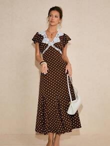 Poéselle 女士休闲波点撞色蕾丝夏季连衣裙 - 棕色 - 查看 7