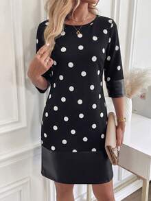 Ellevyn Women's Polka Dot Print Round Neck Fitted Elegant Mini Dress - Black - View 4