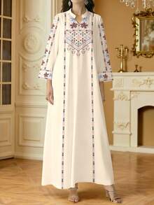 SHEIN Najma 女士花卉数码印花优雅长袖立领睡袍，春秋季 - 彩色 - 查看 4