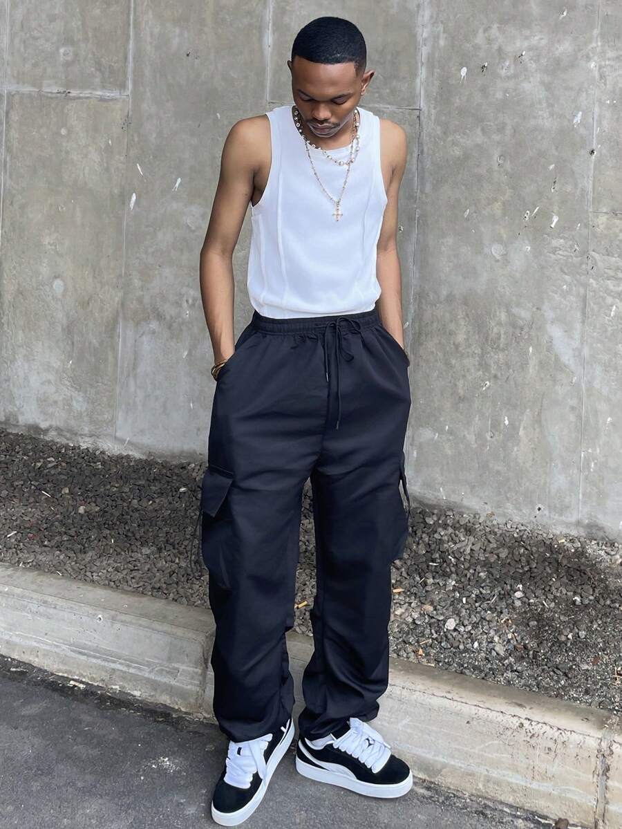 Ngobest Haus Ngobest Haus Men's Casual Multi-Pocket Straight Leg Cargo Pants, Drawstring Waist Adjustable Flap Pockets & Leg Openings, Oversized Loose Fit - Black - View 1