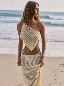 Aralina 2 Piece Set Crochet Summer Spring Swim Vacation Beach One Shoulder Top Assymetric Tube Maxi Skirt Sheer Sexy Two Piece Set - Yellow - View 9