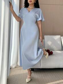 DAZY Women's Elegant Solid Color V-Neck Mid-Length Dress, Summer Wedding Guest Dress Sundress - Blue - View 6