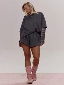 MUSERA Sweat Check Back Pocket Mini Shorts Tie Waist Cute Cosy Spring Everyday Sugar Swizzle - Multicolor - View 2