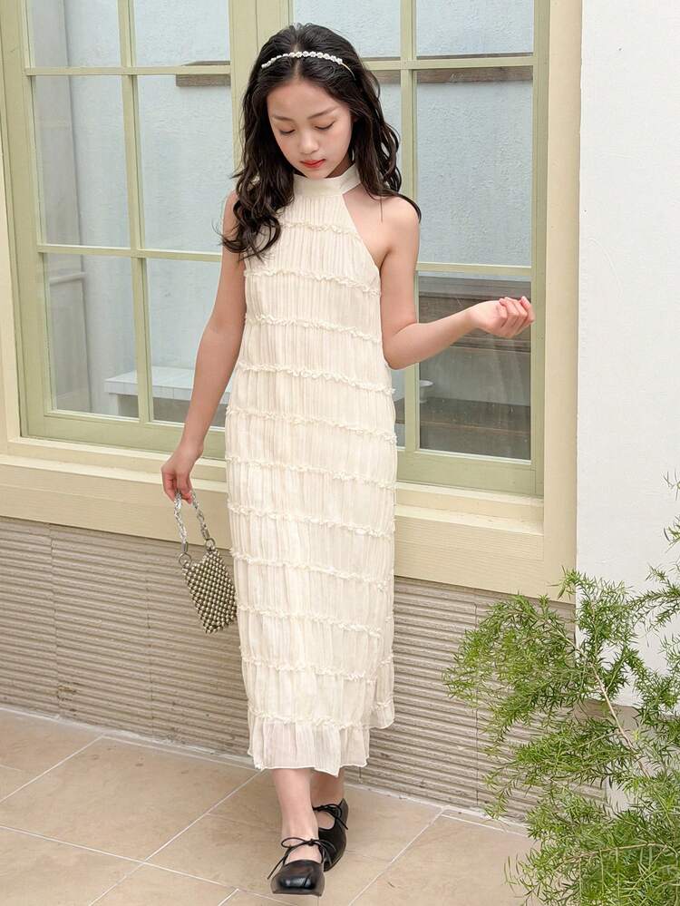 Tween Girl Solid Color Layered Frill Trim Halter Vacation Dress Summer